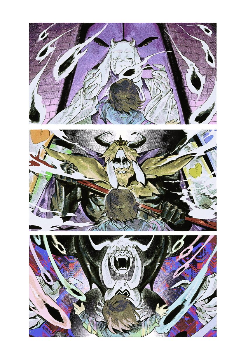 1girl 2boys 2others absurdres animal_ears armor asgore_dreemurr asriel_dreemurr asriel_dreemurr_(god_of_hyperdeath) blackmaro1 border brick_wall brown_hair chara_(undertale) closed_eyes crying facing_viewer frisk_(undertale) furry furry_female furry_male goat_ears goat_horns highres holding holding_weapon horns multiple_boys multiple_others open_mouth outstretched_arms pauldrons short_hair shoulder_armor spread_arms tears toriel undertale utdr_(toby_fox) weapon white_border