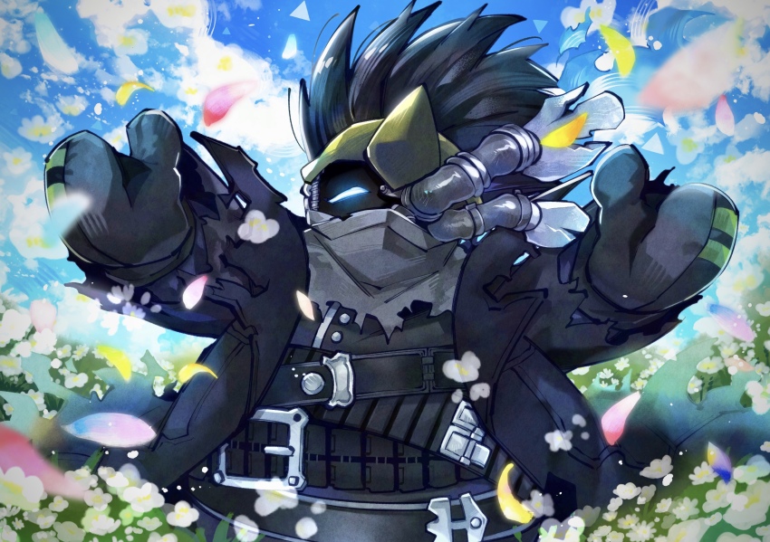 black_hair black_jacket commentary_request exhaust_pipe field flower flower_field highres jacket kirby_(series) kirby_air_ride kirby_air_riders nintendo noir_dedede outstretched_arms petals solo tokiruki_akiru torn_clothes torn_jacket