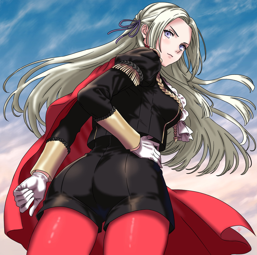 >:) 1girl above_clouds absurdres ass blue_sky breasts cape closed_mouth cloud edelgard_von_hresvelg fire_emblem fire_emblem:_three_houses from_behind from_below garreg_mach_monastery_uniform hashtag-only_commentary highres looking_at_viewer looking_back looking_down medium_breasts nekomoni nintendo official_alternate_hair_color pantyhose purple_eyes purple_ribbon red_cape red_pantyhose ribbon side_cape sky smile solo v-shaped_eyebrows white_hair