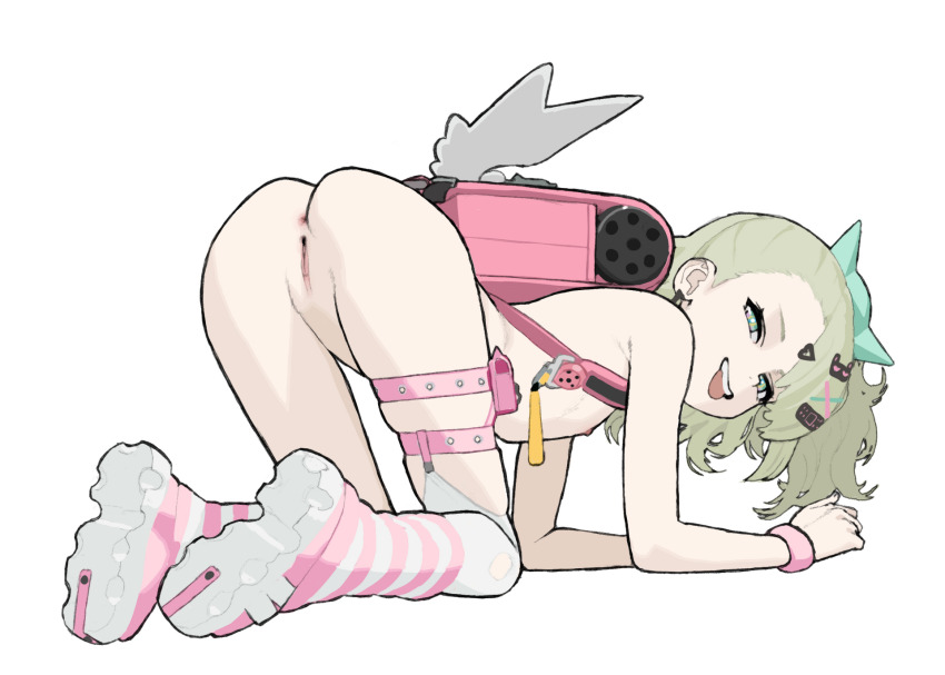 1girl all_fours anus ass backpack bag bare_shoulders bluesalm0n bow censored chinatsu_remiel cleft_of_venus earrings flat_chest from_behind full_body green_eyes green_hair hair_bow hair_ornament hairclip highres jewelry loli looking_at_viewer looking_back nipples nude open_mouth pink_bag pussy randoseru shoes short_hair simple_background single_thighhigh smile socks solo striped_clothes teeth thigh_strap thighhighs tongue tongue_out uncensored upper_teeth_only white_background white_thighhighs wings wristband zenless_zone_zero