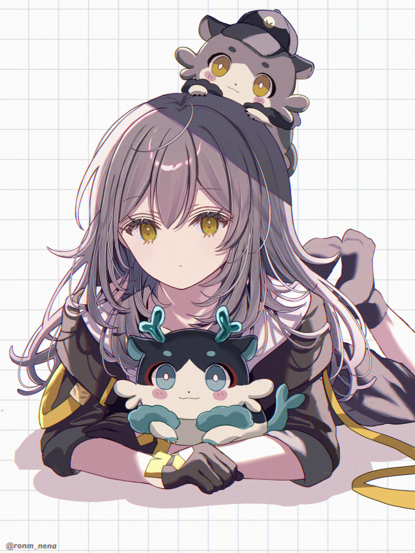 1girl animalization ankle_socks black_gloves black_jacket black_socks chimera_(honkai:_star_rail) commentary_request creature_on_head dan_heng_(honkai:_star_rail) dan_heng_(imbibitor_lunae)_(honkai:_star_rail) feet_up full_body gloves grey_hair grid_background highres honkai:_star_rail honkai_(series) jacket long_hair looking_at_viewer lying no_shoes on_stomach person_and_animalization ronm_nena shirt socks solo stelle_(honkai:_star_rail) trailblazer_(honkai:_star_rail) twitter_username white_background white_shirt yellow_eyes