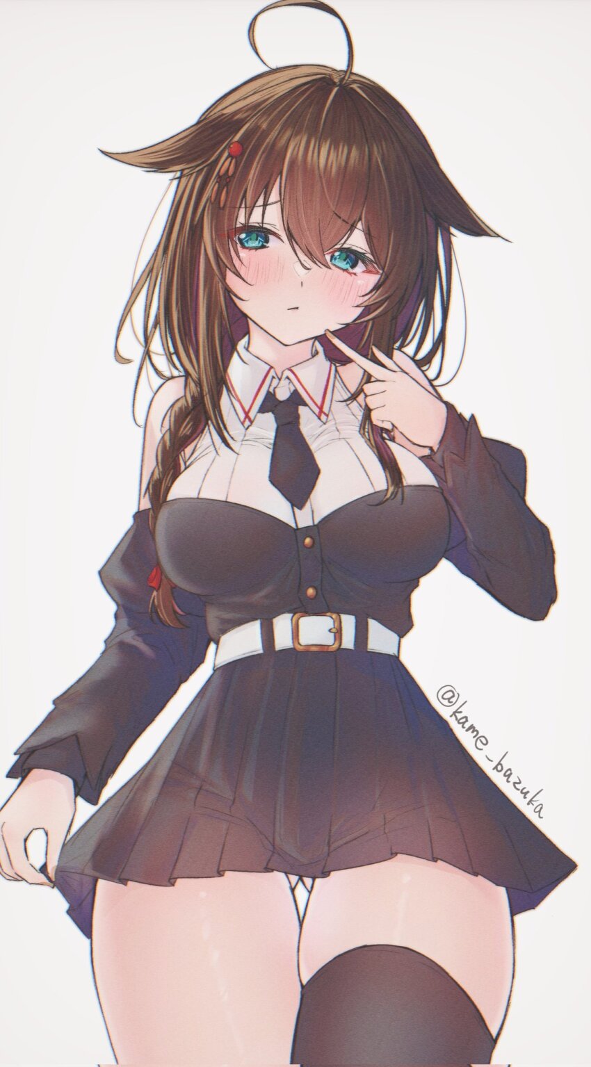 1girl ahoge bare_shoulders belt black_necktie black_thighhighs blue_eyes blush braid breasts brown_hair butao commentary_request cowboy_shot detached_sleeves from_below gluteal_fold hair_flaps hair_ornament hair_over_shoulder highres kantai_collection long_hair medium_breasts necktie pleated_skirt shigure_(kancolle) shigure_(yokosuka)_(kancolle) shigure_kai_san_(kancolle) single_braid single_thighhigh skirt solo thigh_gap thighhighs twitter_username white_belt