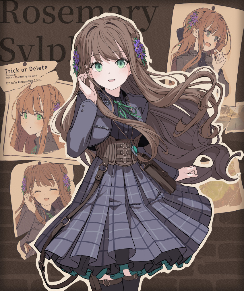 1girl :d black_dress black_thighhighs brown_hair commentary_request cowboy_shot dress flower frilled_dress frills green_eyes green_ribbon hair_flower hair_ornament hand_up highres long_hair long_sleeves looking_at_viewer mikisai neck_ribbon open_mouth original outline purple_flower ribbon smile solo thighhighs yellow_outline