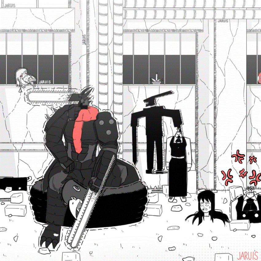 1boy 3girls anger_vein animated animated_gif building cartoon_bone chainsaw chainsaw_devil chainsaw_man dress earrings eating fami_(chainsaw_man) famine_devil_(chainsaw_man) guillotine_devil_(chainsaw_man) intestine_clothing jaruis jewelry long_hair looping_animation mitaka_asa multiple_girls outdoors partially_colored pinafore_dress severed_head sleeveless sleeveless_dress sweatdrop window