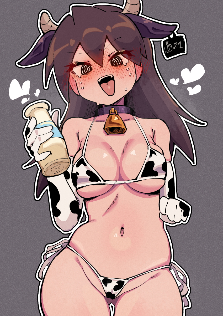 1girl absurdres animal_ears animal_print bikini black_bikini black_eyes blush bottle breasts breath brown_hair buzzlyears commentary cow_ears cow_horns cow_print cow_print_bikini cowboy_shot english_commentary grey_background highres holding holding_bottle horns medium_breasts medium_hair mega_man_(series) mega_man_legends_(series) milk_bottle multicolored_bikini open_mouth print_bikini ringed_eyes side-tie_bikini_bottom simple_background solo sweat swimsuit tongue tongue_out tron_bonne_(mega_man) two-tone_bikini white_bikini