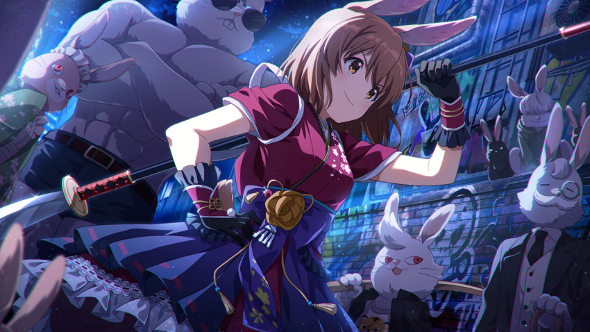 2girls 4boys abs animal_ears black_gloves brown_eyes brown_hair closed_mouth commentary_request crossed_arms furry furry_female furry_male game_cg gloves hagiwara_yukiho hand_on_own_hip holding holding_polearm holding_weapon idolmaster idolmaster_(classic) idolmaster_million_live! idolmaster_million_live!_theater_days japanese_clothes kemonomimi_mode kimono monocle multiple_boys multiple_girls muscular muscular_male night official_alternate_costume official_art outdoors polearm rabbit_ears short_hair skirt standing sunglasses third-party_source weapon