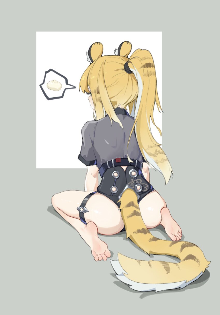 1girl animal_ears ass barefoot blonde_hair feet green_eyes highres ju_fufu long_hair ningmeng_chamao ponytail soles tail toes zenless_zone_zero
