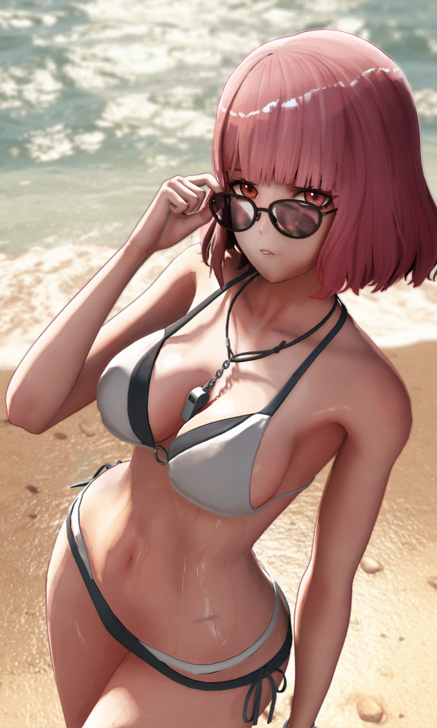 1girl 3d absurdres adjusting_eyewear atla_762 beach breasts commentary english_commentary female_commander_(girls'_frontline) gentiane_(girls'_frontline) girls'_frontline girls'_frontline_2:_exilium highres looking_at_viewer navel pink_hair red_eyes solo sunglasses swimsuit water whistle whistle_around_neck