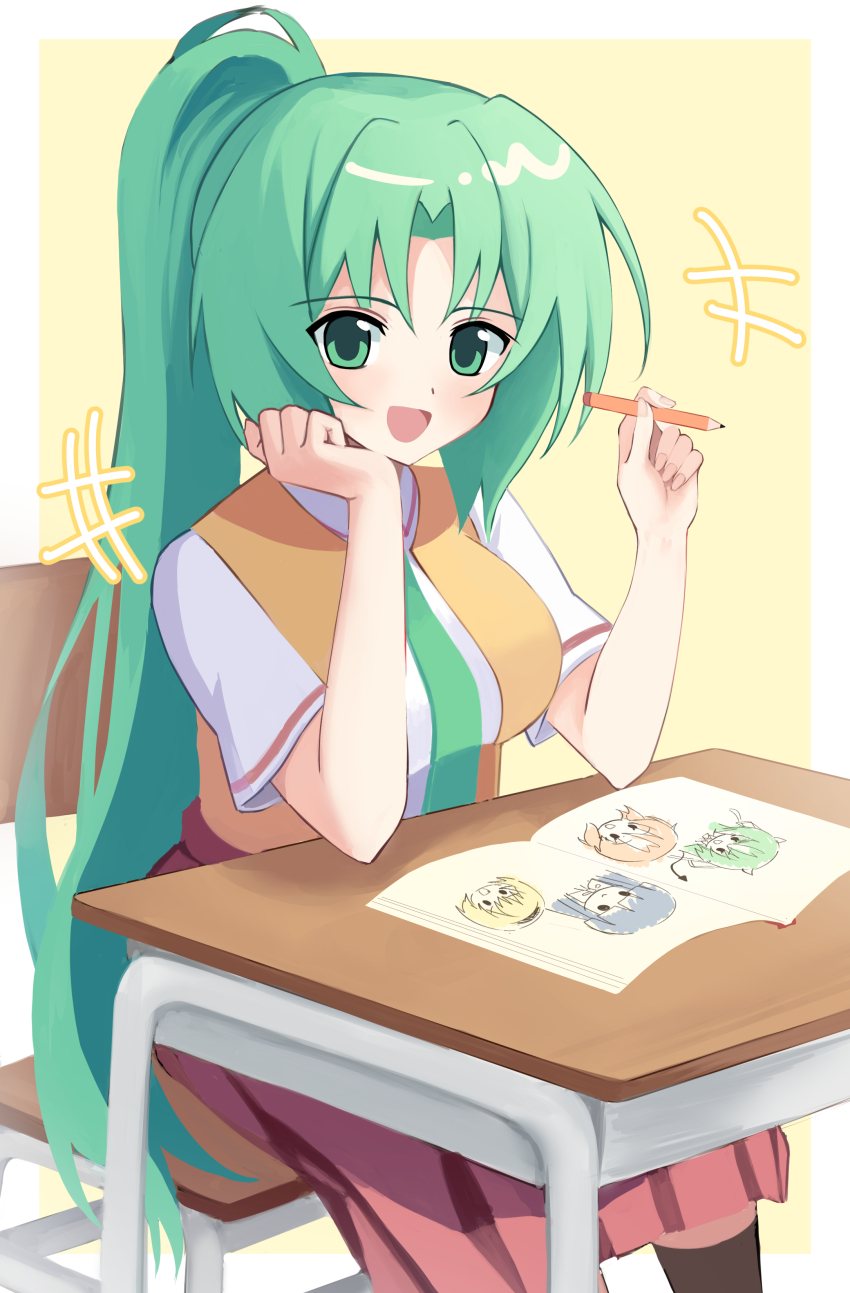 +++ 1girl :d absurdres black_socks breasts chair commentary curtained_hair desk drawing_(object) feet_out_of_frame furude_rika green_eyes green_hair green_necktie hashtag-only_commentary highres higurashi_no_naku_koro_ni holding holding_pencil houjou_satoko large_breasts long_hair looking_at_viewer necktie notebook nyako_(x_nyako_x) on_chair open_clothes open_mouth open_vest pencil ponytail red_skirt ryuuguu_rena school_chair school_desk school_uniform shirt sitting skirt smile socks solo sonozaki_mion sonozaki_shion st._lucia_academy_school_uniform symbol-only_commentary very_long_hair vest white_shirt yellow_background yellow_vest