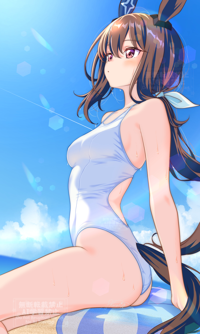 1girl absurdres admire_vega_(umamusume) animal_ears ass bare_shoulders beach blue_sky blush breasts brown_hair closed_mouth cloud commentary_request competition_swimsuit day ear_covers hair_between_eyes highres horse_ears horse_girl horse_tail kakikakilemon long_hair low_ponytail medium_breasts ocean one-piece_swimsuit outdoors ponytail purple_eyes single_ear_cover sitting sky solo swimsuit tail thighs umamusume water watermark white_one-piece_swimsuit