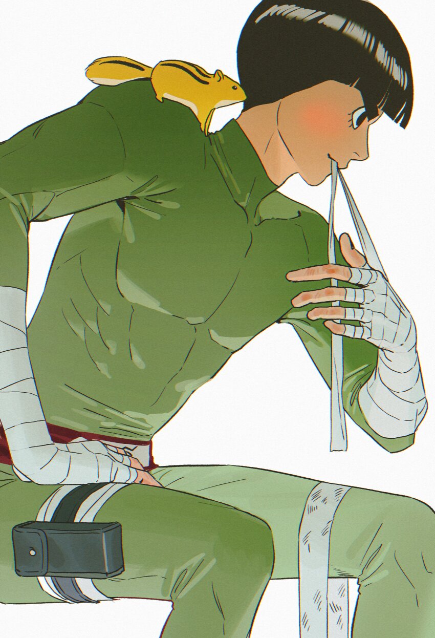 1boy absurdres animal animal_on_shoulder bandaged_arm bandages black_eyes black_hair bodysuit bowl_cut green_bodysuit highres m0_mo_momo male_focus naruto_(series) rock_lee short_hair simple_background sitting solo thick_eyebrows white_background