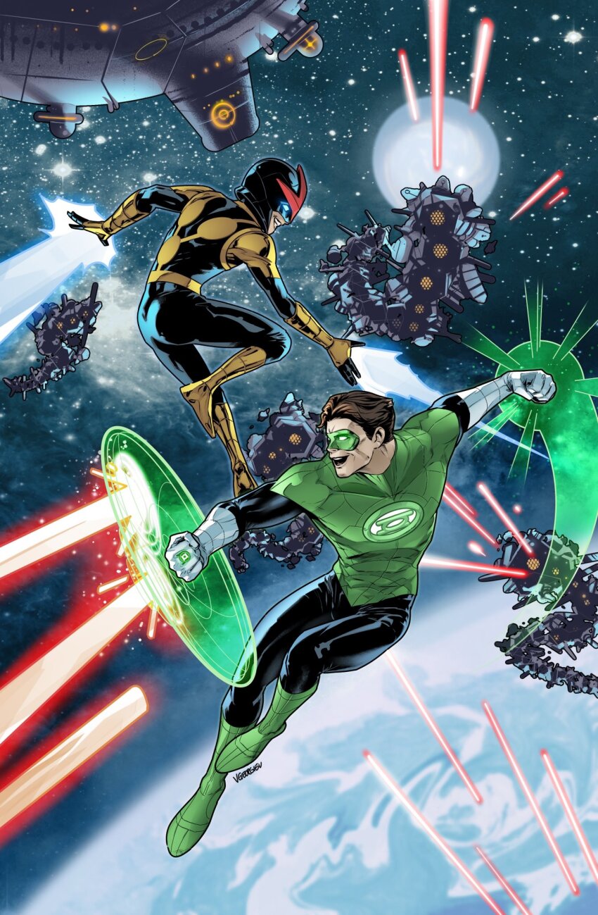2boys black_bodysuit black_helmet bodysuit boots brown_hair commentary crossover dc_comics domino_mask energy_barrier energy_blast energy_shield english_commentary eye_mask fighting flying gloves green_boots green_lantern green_lantern_(series) green_lantern_corps grin hal_jordan helmet highres male_focus marvel mask multiple_boys muscular muscular_male nova_(marvel) power_ring_(green_lantern) short_hair smile space spacecraft superhero_costume vasco_georgiev white_gloves yellow_boots young_avengers