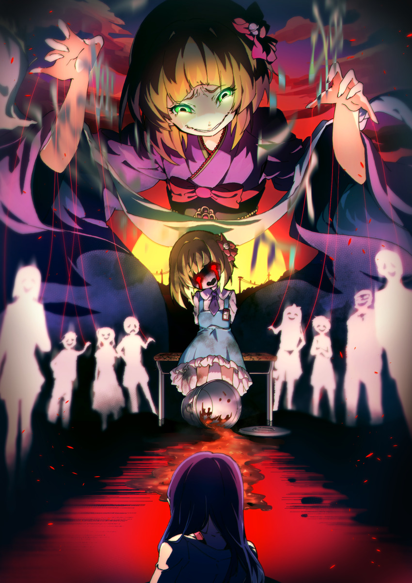 3girls 6+others absurdres bell blonde_hair blue_skirt bow cloud cloudy_sky commentary_request crying curry dual_persona food green_eyes higanbana_no_saku_yoru_ni highres hill hinamikan japanese_clothes kimono laughing multiple_girls multiple_others name_tag necktie puppet_strings puppeteering purple_kimono purple_necktie red_bow sakaki_yukari skirt sky smile spill string sumire_(higanbana) sun sunset wide_sleeves yukata