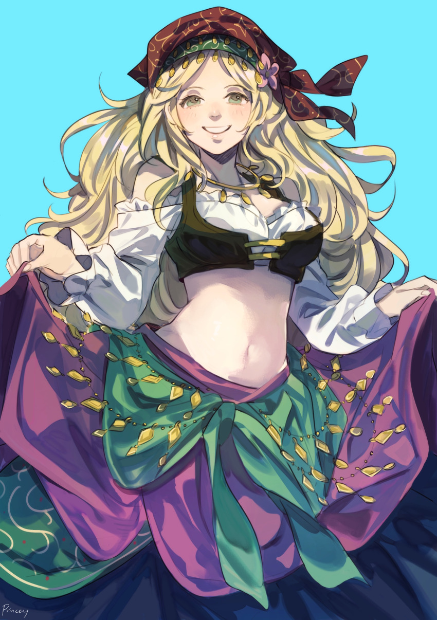 1girl absurdres aubz blonde_hair breasts clothes_lift collarbone dancer flower hair_flower hair_ornament headscarf highres long_hair lynette_(octopath_traveler) medium_breasts midriff navel octopath_traveler octopath_traveler:_champions_of_the_continent skirt skirt_lift very_long_hair