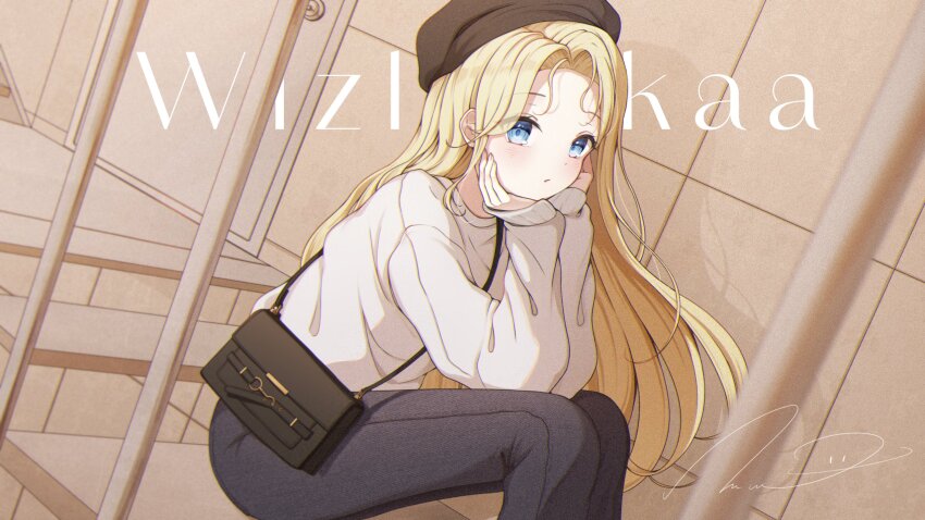 1girl bag beret black_hat black_pants blonde_hair blue_eyes character_name closed_mouth commentary_request commission curtained_hair elbow_rest expressionless feet_out_of_frame forehead from_side gyeou_lee hand_rest handbag hat highres indie_virtual_youtuber korean_commentary long_hair long_sleeves looking_at_viewer looking_to_the_side pants signature sitting sitting_on_stairs solo stairs straight_hair sweater virtual_youtuber white_sweater wizliorkaa