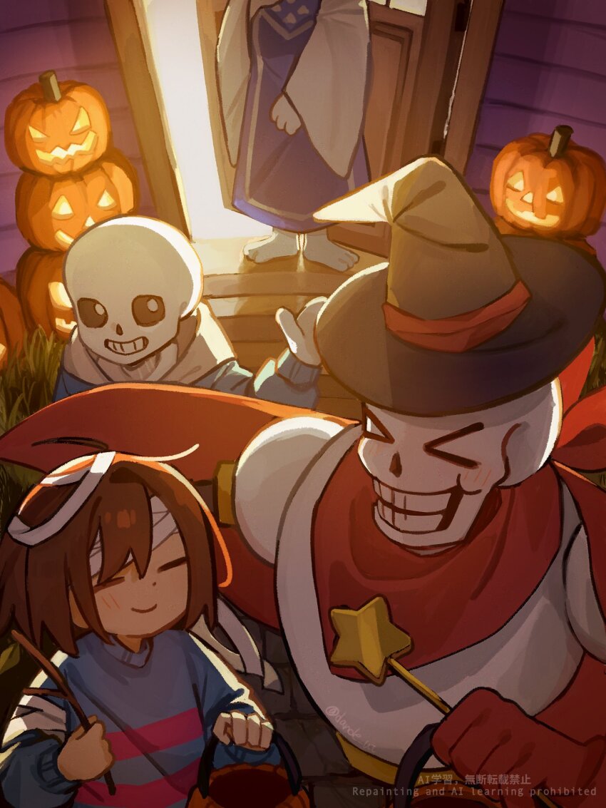 >_< 1girl 1other 2boys :d =_= ahoge backlighting bandaged_head bandages barefoot black_hat black_sclera blue_jacket blue_sweater brothers brown_hair bucket closed_mouth colored_sclera commentary dande_lion2604 english_commentary facing_another fewer_digits frisk_(undertale) from_above gloves glowing grass grey_hood grin halloween_bucket halloween_costume hand_up happy_halloween hat highres holding holding_bucket holding_stick holding_wand hood hood_down hooded_jacket house jack-o'-lantern jacket long_sleeves looking_at_viewer multiple_boys night open_door open_mouth outdoors papyrus_(undertale) pink_sweater puffy_long_sleeves puffy_sleeves pumpkin purple_robe red_gloves red_scarf robe sans_(undertale) scarf shirt short_hair siblings skeleton smile stairs standing star_wand stick striped_clothes striped_sweater sweater toes toriel twitter_username two-tone_sweater undertale upper_body utdr_(toby_fox) wand watermark waving white_eyes white_shirt wide_sleeves witch_hat