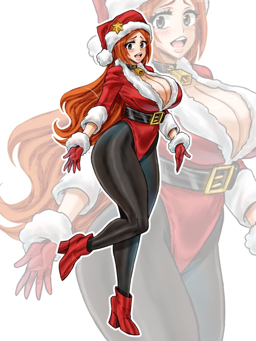 01leteo 1girl alternate_eye_color bell belt bleach breasts christmas cleavage commentary english_commentary female_focus full_body gloves hat high_heels inoue_orihime large_breasts light_blush long_hair looking_at_viewer open_mouth orange_hair simple_background white_background