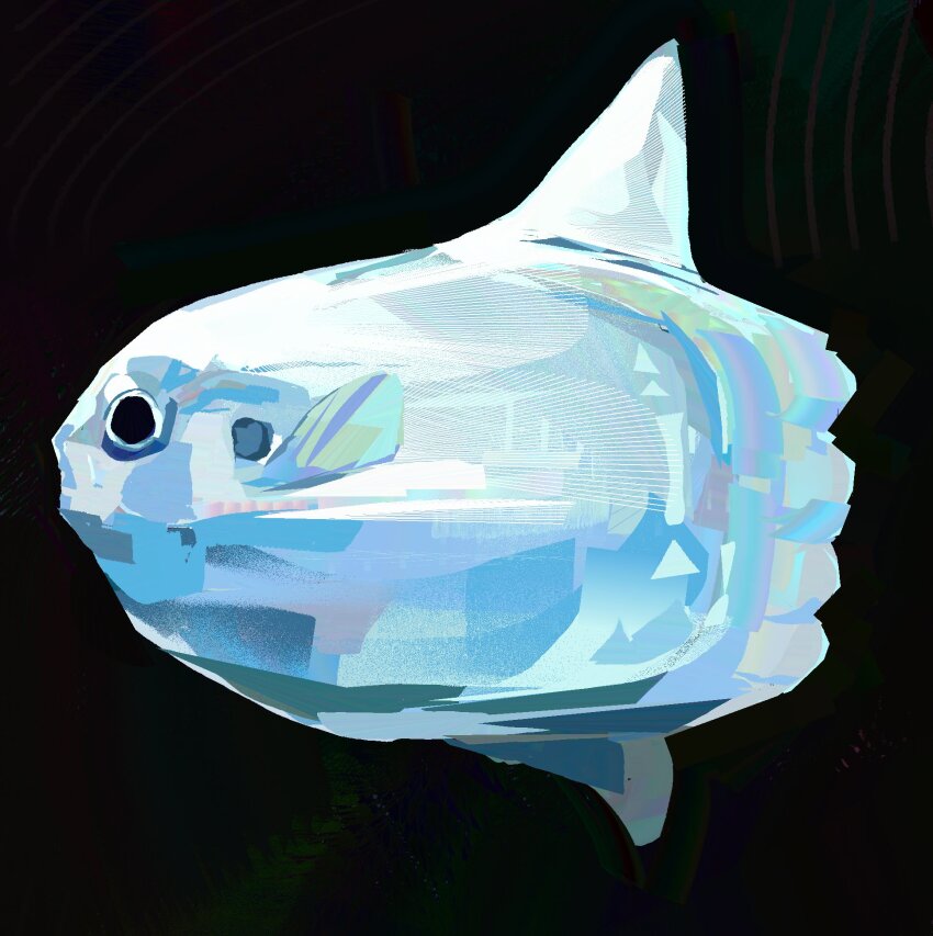 animal_focus black_background commentary english_commentary fish from_side full_body highres iridescent_skin junbuug no_humans ocean_sunfish original painterly simple_background solo