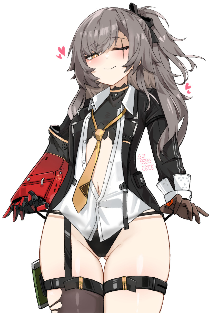 1girl black_panties blush commentary_request cowboy_shot flat_chest girls'_frontline girls'_frontline_2:_exilium gluteal_fold grey_hair hair_ribbon high_side_ponytail highres hururu_(vldptmxk1054) korean_commentary leva_(girls'_frontline_2) long_hair looking_at_viewer mechanical_arms navel necktie one_eye_closed orange_eyes panties partially_unbuttoned ribbon scar scar_across_eye scar_on_face single_mechanical_arm skindentation smile solo thigh_strap thighhighs thighs torn_clothes torn_thighhighs ump45_(girls'_frontline) underwear yellow_necktie