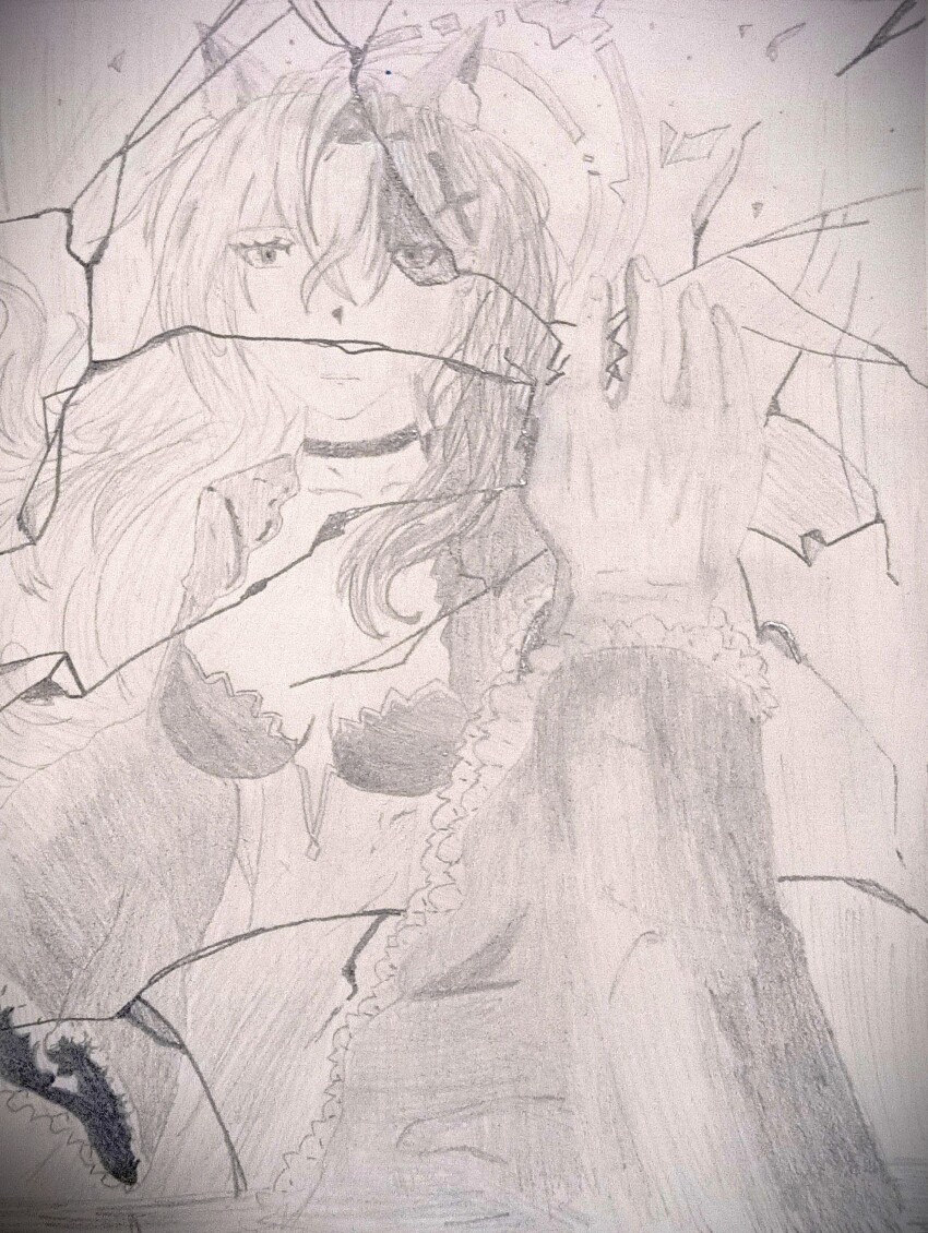 1girl absurdres animal_ears barhild blue_archive broken_glass broken_mirror dress glass glass_shards halo highres long_dress long_hair long_sleeves looking_at_mirror mirror shiroko_terror_(blue_archive) traditional_media vignetting wolf_ears