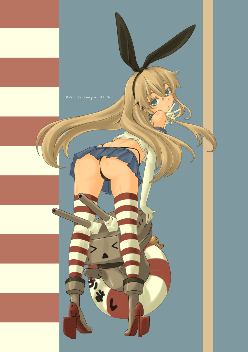 1girl absurdres ass blonde_hair boots commentary_request crop_top elbow_gloves expressionless g-string gloves green_eyes hairband high_heel_boots high_heels highres kantai_collection leaning_forward lifebuoy long_hair looking_at_viewer looking_back microskirt pot-de rensouhou-chan rudder_footwear sailor_collar shimakaze_(kancolle) short_sleeves skindentation skirt solo striped_clothes striped_thighhighs swim_ring thighhighs thighs thong v very_long_hair