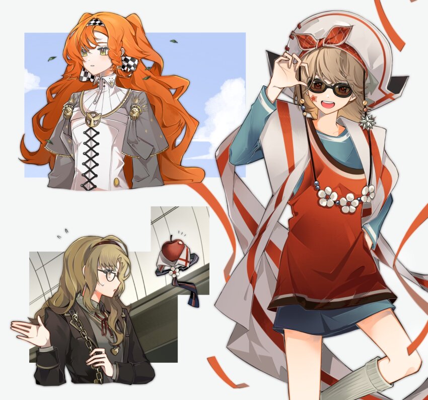 3girls :d adjusting_eyewear apple apple_(reverse:1999) banner bicorne black-framed_eyewear blonde_hair blue_shirt blue_sky bow bow_hairband brown_hair brown_jacket checkered_hairband cloud collared_dress collared_shirt cropped_torso dress facial_mark feet_out_of_frame food fruit glasses green_eyes grey_cloak grey_shirt grey_sleeves hairband hand_on_eyewear hand_up hat headband high_collar highres jacket jewelry joe_(j0el_ppam) kneehighs long_hair long_sleeves looking_at_another looking_at_viewer looking_to_the_side melania_(reverse:1999) multiple_girls neck_ribbon notice_lines open_hand open_mouth orange_eyes orange_hair oversized_clothes oversized_shirt parted_lips pendant profile red_bow red_headband red_ribbon red_vest regulus_(reverse:1999) regulus_(the_fierce_fan)_(reverse:1999) reverse:1999 ribbon shirt sky smile socks sonetto_(reverse:1999) star_(symbol) star_facial_mark suit_jacket sunglasses sweatdrop teeth turning_head two_side_up upper_body upper_teeth_only v-shaped_eyebrows vest white_background white_dress white_headwear white_socks
