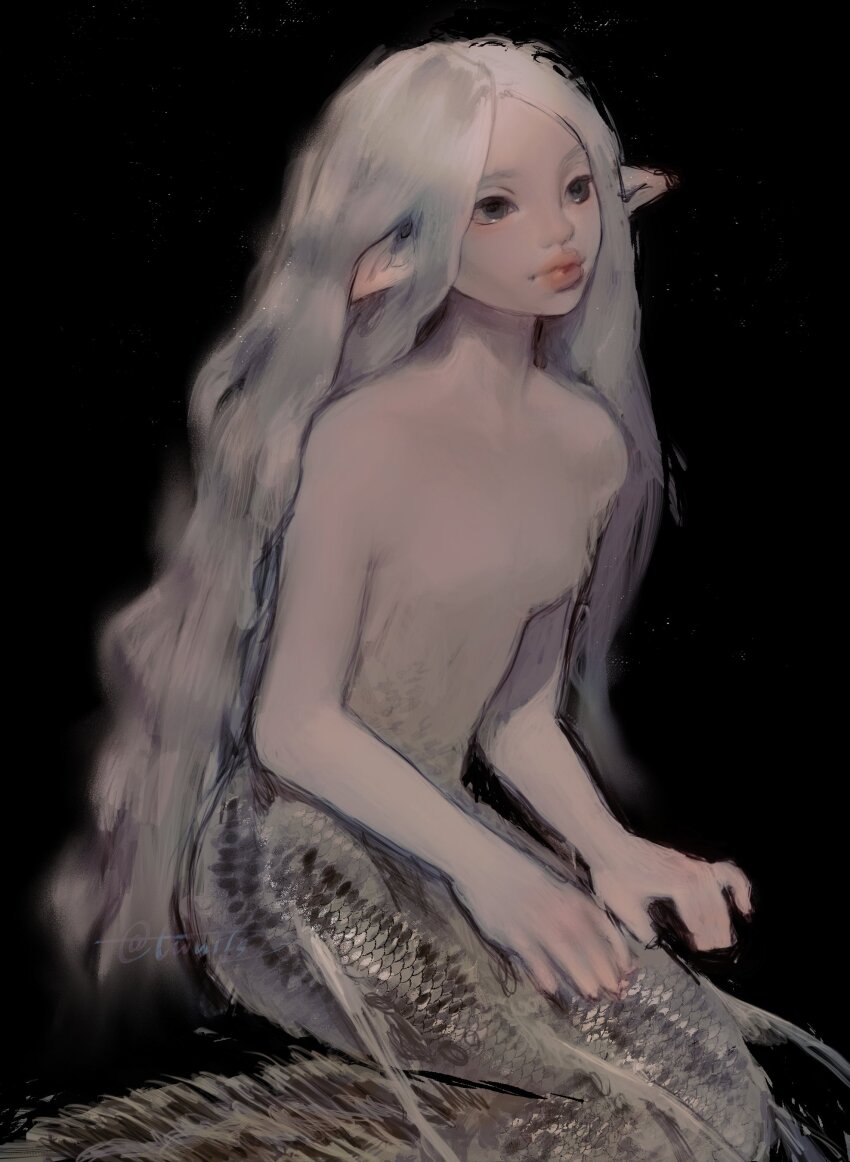 1girl absurdres black_background brown_eyes commentary english_commentary expressionless hands_on_lap highres long_hair looking_to_the_side mermaid monster_girl nude original pink_lips pointy_ears simple_background sitting solo twulfs wavy_hair white_hair