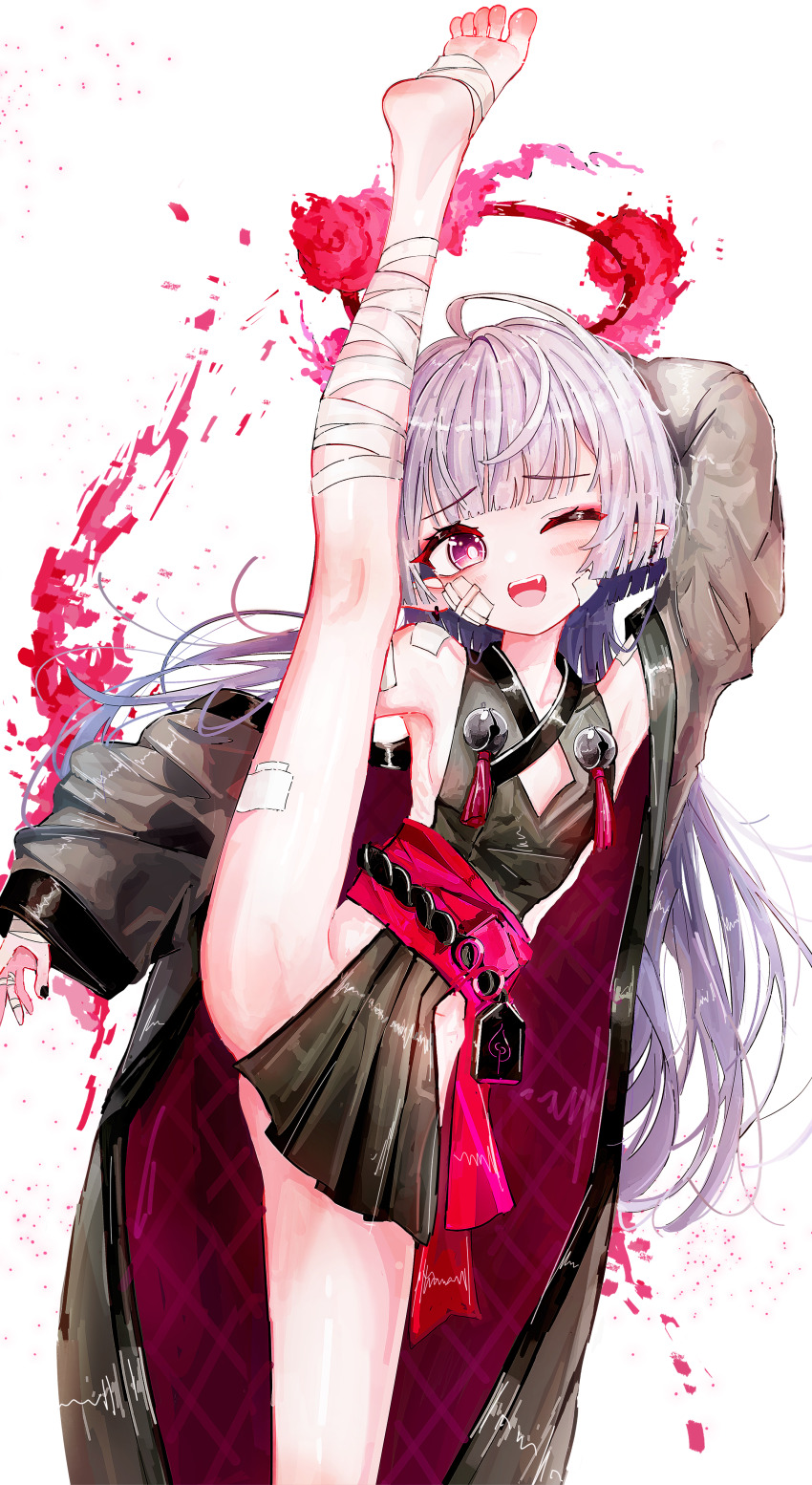 1girl ;d a1u absurdres bandaged_leg bandages bell black_kimono blue_archive breasts commentary gauze gauze_on_cheek grey_hair halo highres japanese_clothes jingle_bell kimono leg_up long_hair one_eye_closed open_mouth pink_eyes pointy_ears red_halo revision shuro_(blue_archive) sideless_outfit simple_background small_breasts smile solo split standing standing_on_one_leg standing_split teeth upper_teeth_only white_background