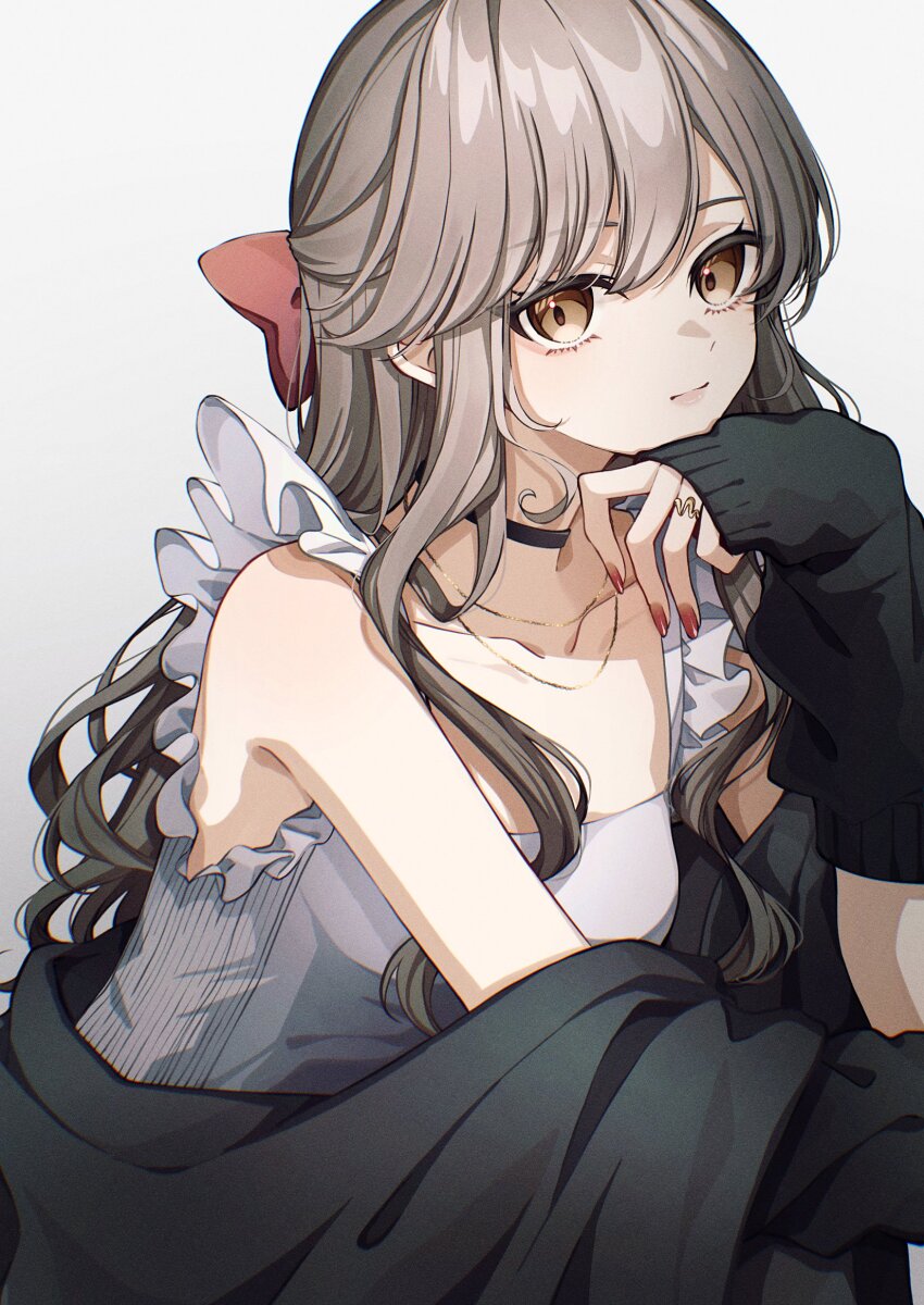 1girl black_choker black_jacket bow breasts brown_eyes brown_hair choker closed_mouth collarbone detached_sleeves expressionless frills hair_bow half_updo hashtag-only_commentary highres jacket jewelry long_hair looking_at_viewer necklace off_shoulder open_clothes open_jacket original red_nails ring shirt simple_background sleeveless sleeveless_shirt small_breasts solo upper_body wavy_hair white_background yanagida_shiina