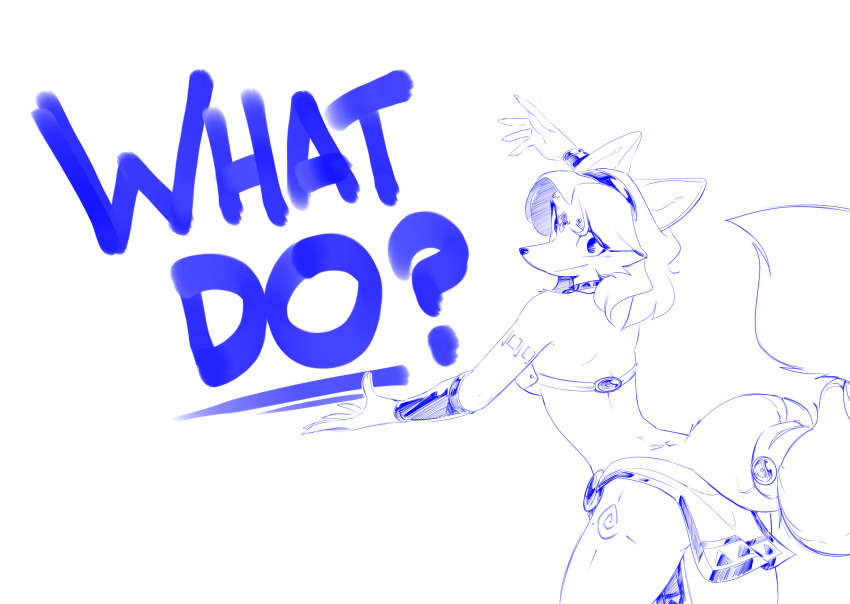 1girl :/ animal_ears animal_nose arched_back arm_tattoo arm_up ass back bandeau cowboy_shot elizzylilith english_text female_focus forehead_jewel fox_ears fox_girl fox_tail from_behind furry furry_female hairband hand_up happy krystal leg_tattoo loincloth looking_at_viewer looking_back monochrome short_hair sidelocks sideways_mouth simple_background sketch smile snout solo standing star_fox star_fox_adventures tail tail_ornament tail_ring tattoo vambraces white_background