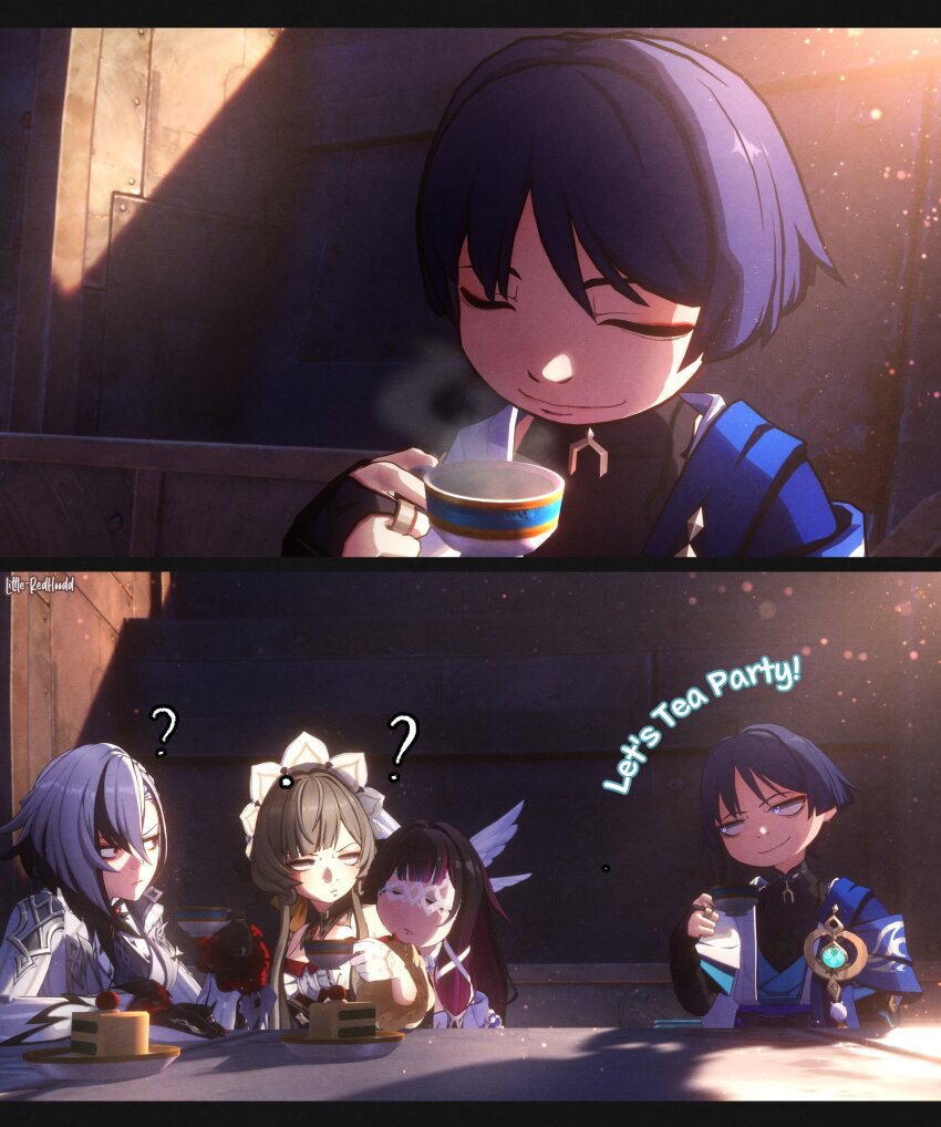 1boy 3d 3girls ? anemo_symbol_(genshin_impact) arlecchino_(genshin_impact) arm_at_side arm_rest artist_name asymmetrical_bangs black_bodysuit black_bow black_bridal_gauntlets black_collar black_eyes black_hair black_hands blue_cape blue_eyes blue_gemstone blue_kimono blue_sleeves blunt_bangs blunt_ends bodysuit bow bridal_gauntlets bright_pupils brown_hair cake cake_slice cape cherry closed_eyes closed_mouth collar colored_extremities colored_tips columbina_(genshin_impact) commentary covered_collarbone cup detached_collar dress english_commentary english_text eye_mask eyelashes eyeliner eyes_visible_through_eyewear eyeshadow facing_down feathered_wings feathers fingernails food formal_clothes fruit gem genshin_impact gloves gold gold_ring hair_ornament hair_ribbon half_gloves hand_up head_on_another's_shoulder head_wings highres holding holding_cup japanese_clothes juban kimono layered_sleeves littleredhoodd long_sidelocks looking_at_another looking_to_the_side makeup mask middle_ring multicolored_hair multiple_girls multiple_wings open_clothes open_kimono outdoors pink_hair plate pom_pom_(clothes) purple_eyes purple_hair purple_sash red_eyeliner red_eyeshadow red_gemstone ribbon sandrone_(genshin_impact) sanpaku sash scaramouche_(genshin_impact) shadow sharp_fingernails short_sleeves shoulder_peek sidelighting sidelocks smirk split_screen strapless strapless_dress streaked_hair suit sunlight swept_bangs symbol-shaped_pupils tea_party tress_ribbon wanderer_(genshin_impact) white_dress white_gloves white_hair white_headdress white_kimono white_mask white_pupils white_ribbon white_sleeves white_suit white_trim white_wings wing_hair_ornament wings wispy_bangs x-shaped_pupils yellow_feathers