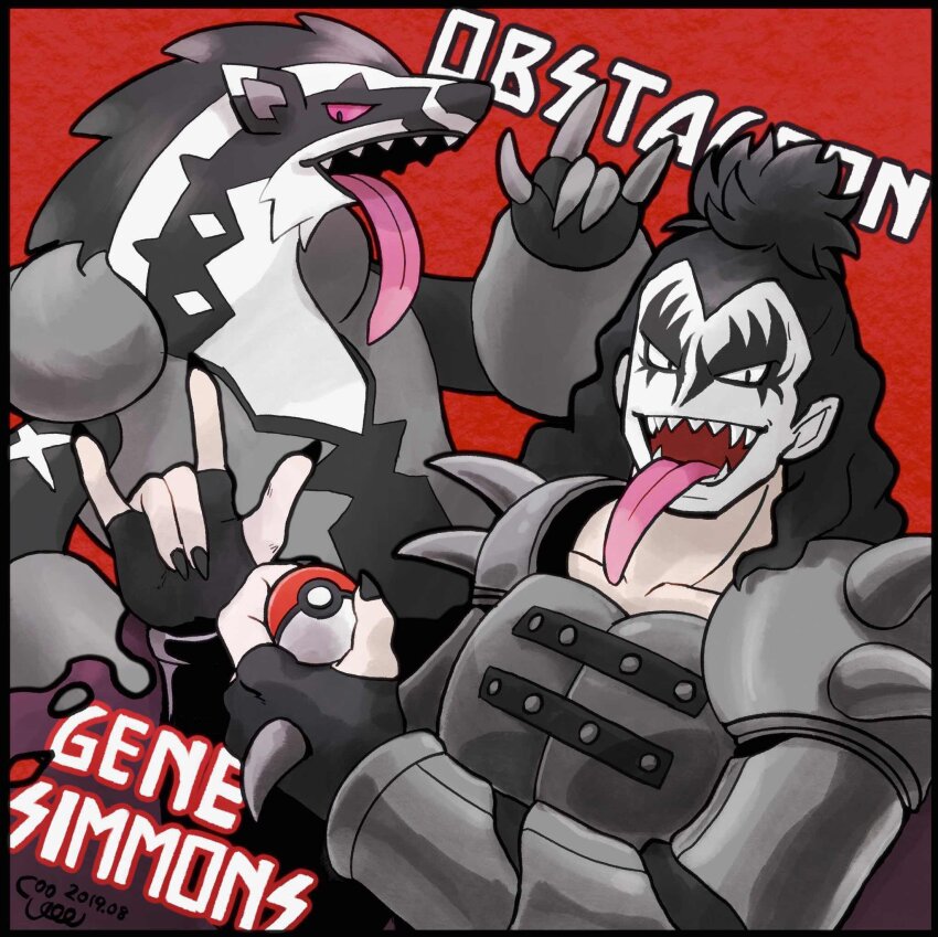 2boys \n/ black_border black_hair border character_name collarbone commentary_request coogee crossover dated facepaint furry furry_male gen_8_pokemon gene_simmons highres holding holding_poke_ball kiss_(rock_band) long_tongue male_focus multiple_boys nintendo obstagoon pink_eyes poke_ball poke_ball_(basic) pokemon pokemon_(creature) real_life red_background sharp_teeth signature teeth tongue tongue_out