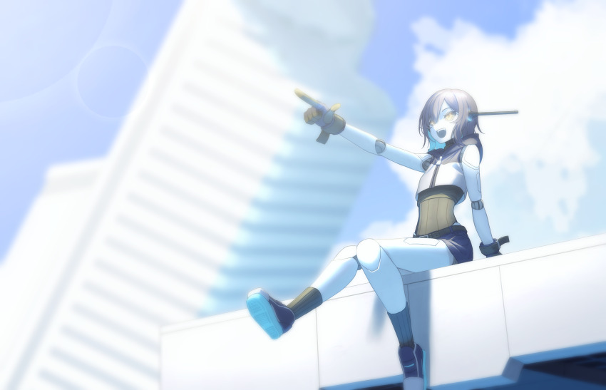 1girl :d absurdres belt black_gloves blurry blurry_background building colored_sclera colored_skin commentary_request crop_top cropped_hoodie flat_chest gloves grey_sclera highres hood hood_down hoodie hoshi_shimeji_(yuki-e-toriusu1) joints mechanical_ears open_mouth original pointing purple_hair robot_girl robot_joints shoes short_hair sitting skyscraper smile sneakers solo teeth upper_teeth_only white_skin yellow_eyes zipper_pull_tab