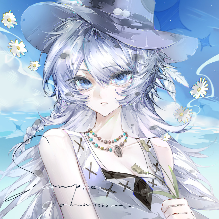 1girl aegyo_sal bead_necklace beads blue_eyes blue_sky breasts chrysanthemum ckyela cleavage cloud collarbone day eyelashes feathers flower grey_hat hat hat_feather highres holding holding_plant image_sample jewelry long_hair looking_at_viewer medium_breasts mihuashi_sample mole mole_under_eye necklace original outdoors parted_lips plant sample_watermark sidelocks sky solo square sunlight upper_body watermark white_feathers white_flower white_hair