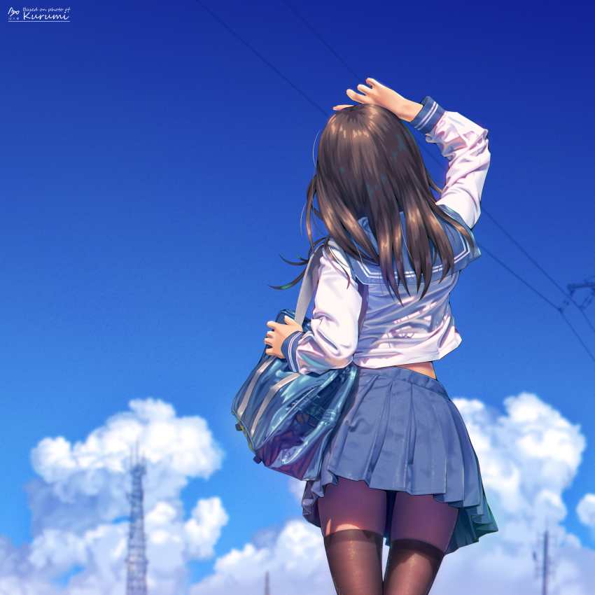 1girl a.x. absurdres arm_up artist_name bag black_thighhighs blue_skirt blue_sky brown_hair cloud commentary_request dated english_text highres long_hair original outdoors photo-referenced pleated_skirt revision school_uniform serafuku skirt sky solo thighhighs