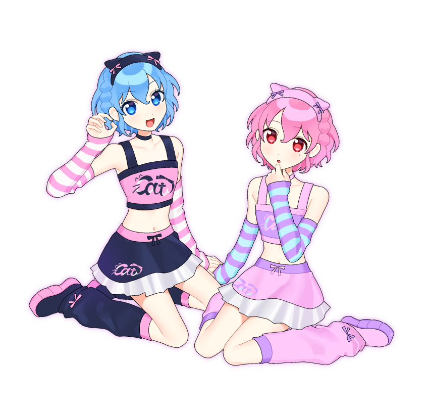 1boy 1girl :d :o animal_ear_hairband animal_ears arm_warmers blue_eyes blue_hair braid brother_and_sister cat_ear_hairband cat_ears claw_pose commentary crossdressing dorothy_west fake_animal_ears hairband highres holding_hands idol_clothes inushimaya looking_at_viewer mole mole_under_eye navel open_mouth pink_eyes pink_hair pretty_series pripara reona_west short_hair siblings side_braid sitting skirt smile striped_arm_warmers trap twins wariza white_background