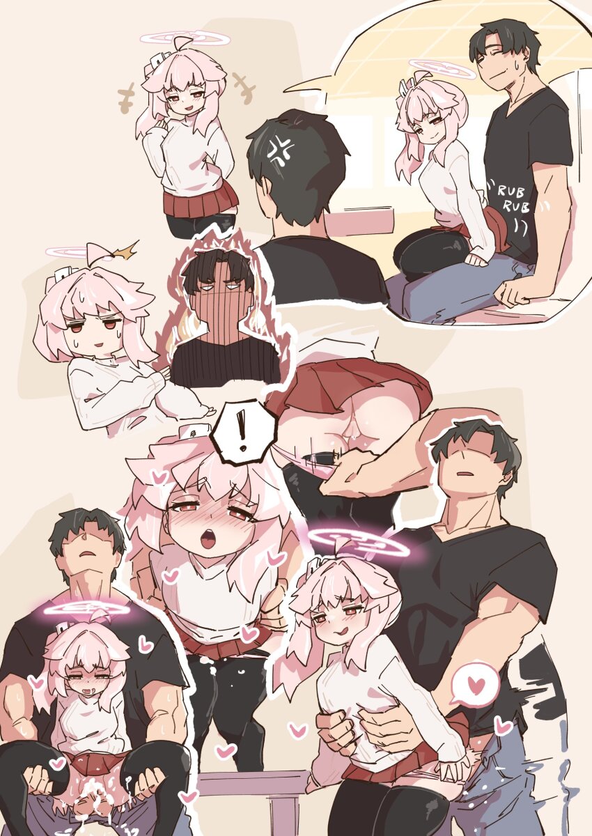 ! 1boy 1girl absurdres ahoge anger_vein anus ass black_hair black_shirt black_thighhighs blue_archive blush breasts buttjob fire halo heart height_difference hetero highres long_sleeves mabufuyo medium_breasts miniskirt multiple_views muscular muscular_male natsu_(blue_archive) panties panty_pull pink_hair pink_halo pink_panties pink_shirt pussy red_eyes red_skirt sensei_(blue_archive) shirt side_ponytail sidelocks sitting sitting_on_person skirt sleeves_past_wrists smile spoken_exclamation_mark spoken_heart sweat sweatdrop teasing thick_thighs thighhighs thighs underwear