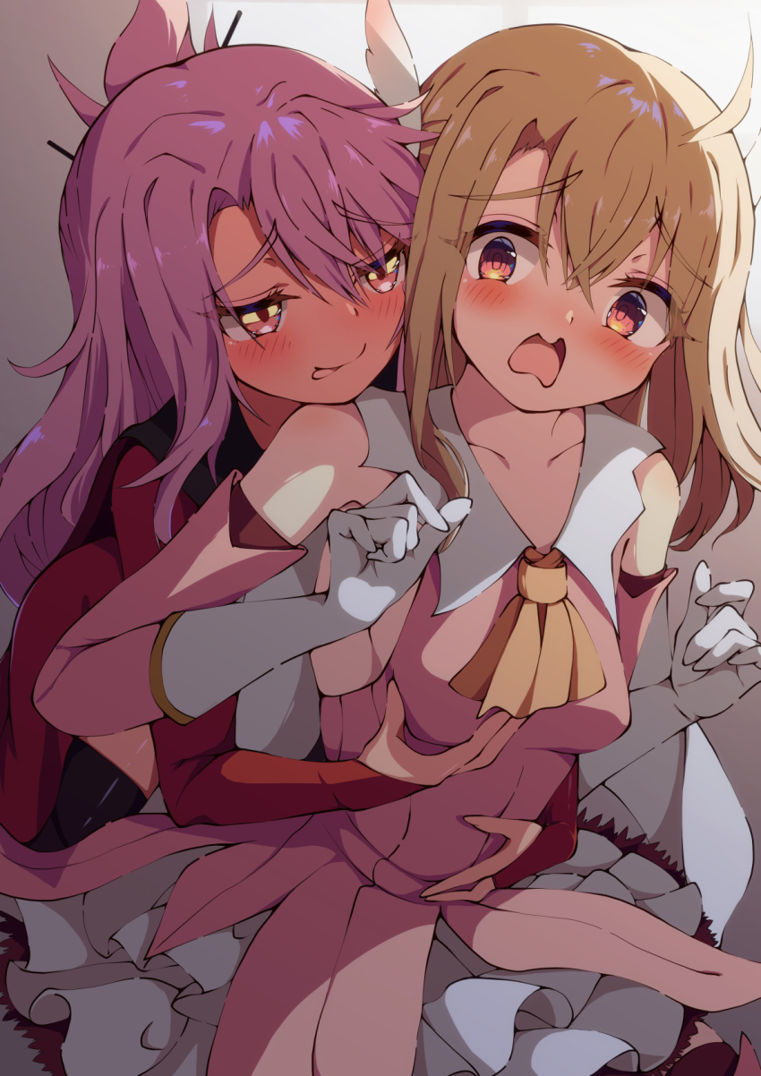 2girls ascot bare_shoulders blonde_hair blush breasts bridal_gauntlets cape chloe_von_einzbern chloe_von_einzbern_(archer_install) commentary_request dark-skinned_female dark_skin dress elbow_gloves fate/kaleid_liner_prisma_illya fate_(series) feather_hair_ornament feathers gloves grabbing_another's_breast groping hair_bun hair_ornament hairpin half_updo highres illyasviel_von_einzbern layered_gloves long_hair long_sleeves multiple_girls open_mouth orange_eyes peisuto pink_dress pink_gloves pink_hair prisma_illya red_cape red_eyes red_shrug shrug_(clothing) sidelocks skirt small_breasts two_side_up white_cape white_gloves white_skirt