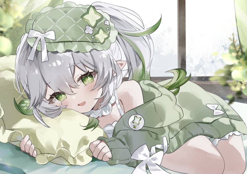 1girl absurdres bare_shoulders blush bow cardigan commentary_request cross-shaped_pupils genshin_impact gradient_hair green_cardigan green_eyes green_hair hair_between_eyes hair_ornament highres indoors leaf_hair_ornament long_hair looking_at_viewer multicolored_hair nahida_(genshin_impact) open_mouth pillow pointy_ears side_ponytail sleep_mask sleeveless solo sorani_(kaeru0768) symbol-shaped_pupils white_bow white_hair