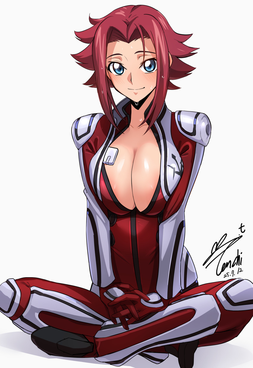 1girl absurdres blue_eyes bodysuit breasts cleavage code_geass commentary_request dated flipped_hair full_body highres indian_style kouzuki_kallen large_breasts lips looking_at_viewer mecha_pilot_suit open_bodysuit open_clothes red_bodysuit red_hair short_hair signature simple_background sitting skin_tight smile solo white_background yoo_tenchi