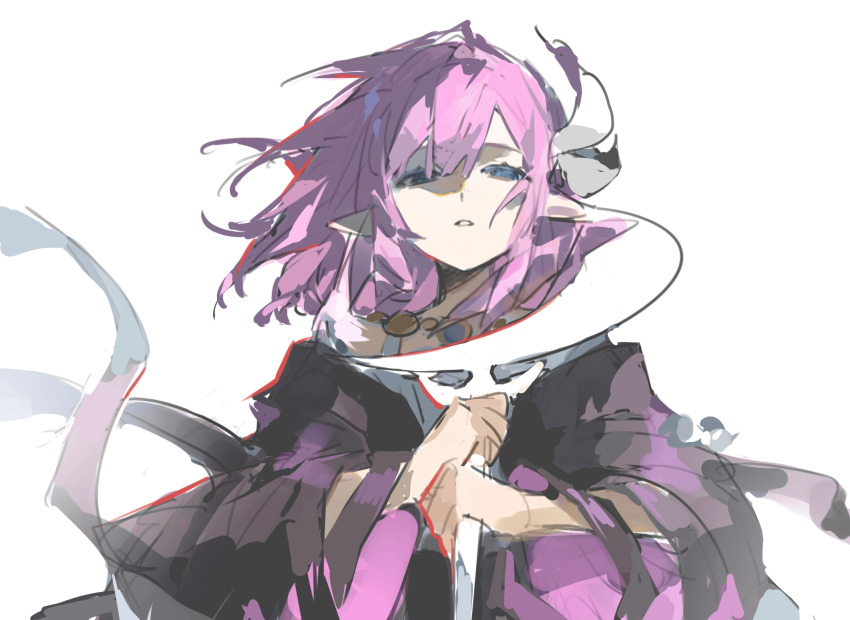 1girl blue_eyes ceremonial_blade_(honkai:_star_rail) chinese_commentary coat commentary_request cyrene_(honkai:_star_rail) cyrene_(philia093)_(honkai:_star_rail) dress highres holding holding_staff honkai:_star_rail honkai_(series) jewelry looking_at_viewer multicolored_hair necklace parted_lips pink_hair pointy_ears purple_coat short_hair simple_background solo staff two-tone_hair white_background white_dress white_hair youzaiyouzai143