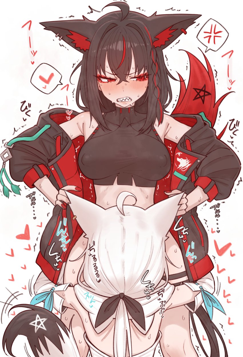 2girls ahoge anger_vein animal_ear_fluff animal_ear_piercing animal_ears averting_eyes black_hair black_jacket black_ribbon black_shirt blush bottomless braid breasts clenched_teeth commentary covered_erect_nipples cropped_shirt cunnilingus dark_persona detached_sleeves double-parted_bangs fox_ears fox_girl fox_tail grabbing_another's_leg hair_between_eyes hair_ribbon halter_shirt halterneck heart highres hololive implied_cunnilingus jacket kurokami_fubuki large_breasts long_hair low_ponytail motion_lines multiple_girls nail_polish off_shoulder oral pentagram ponytail red_eyes red_hair red_streaks ribbon sharp_teeth shirakami_fubuki shirakami_fubuki_(1st_costume) shiroi_yoru shirt side_braid single_braid sleeveless sleeveless_shirt spoken_anger_vein spoken_heart symbol-only_commentary tail teeth thigh_strap thighs virtual_youtuber white_background white_hair white_shirt yuri