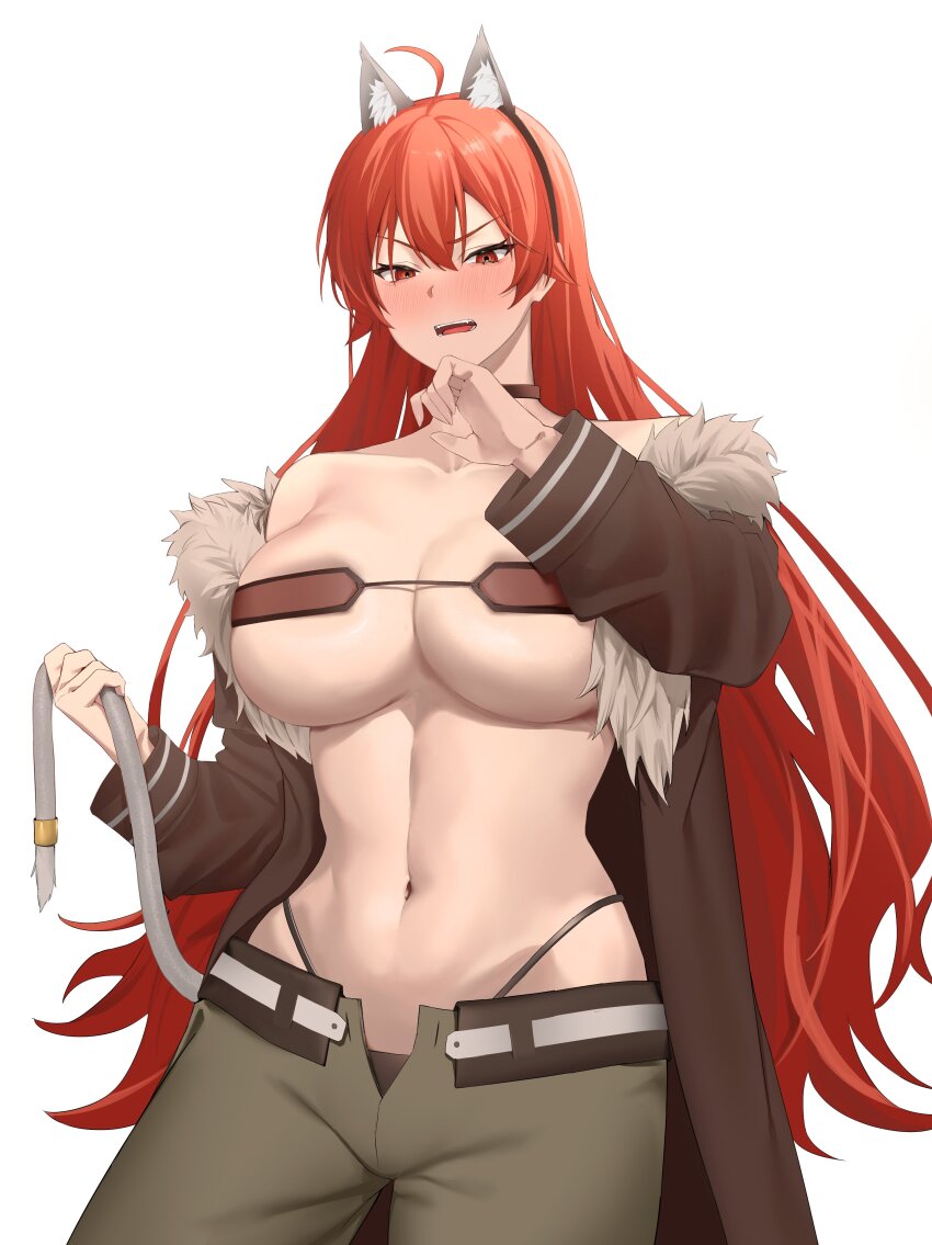 1girl abs absurdres ahoge animal_ear_hairband animal_ears bandeau bare_shoulders black_choker black_hairband black_jacket black_panties blush breasts cat_ear_hairband cat_ears cat_tail choker cleavage collarbone commentary_request cosplay cowboy_shot eris_greyrat fake_animal_ears fangs fur-trimmed_jacket fur_trim ghislaine_dedoldia ghislaine_dedoldia_(cosplay) green_pants hair_between_eyes hairband hand_up highleg highleg_panties highres holding_own_tail jacket large_breasts long_hair long_sleeves looking_at_viewer mushoku_tensei navel off_shoulder open_clothes open_jacket open_mouth open_pants panties pants red_bandeau red_eyes red_hair sidelocks simple_background solo string_panties tail underwear very_long_hair white_background yuasobi871