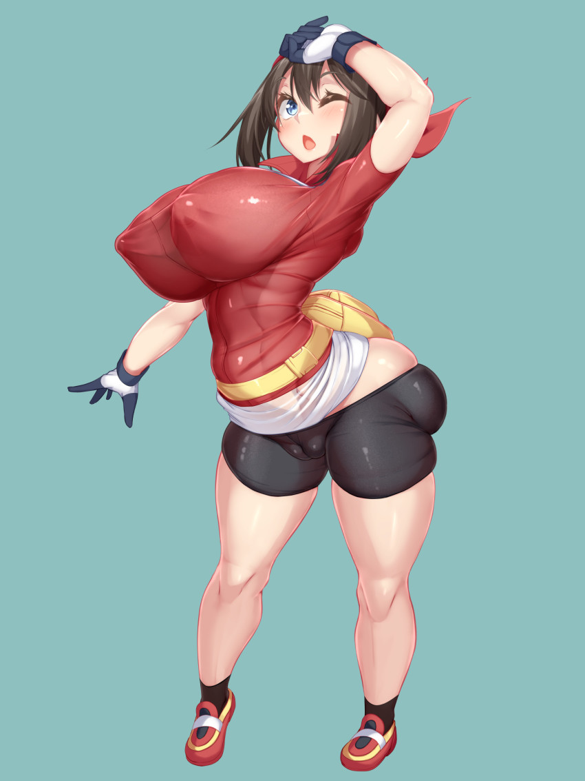 1girl ass bandana blue_background blue_eyes blush breasts brown_hair cameltoe covered_erect_nipples fanny_pack full_body gloves highres huge_ass huge_breasts kawahagitei may_(pokemon) nintendo one_eye_closed perky_breasts pokemon pokemon_rse red_skirt shoes short_sleeves simple_background skindentation skirt sneakers solo