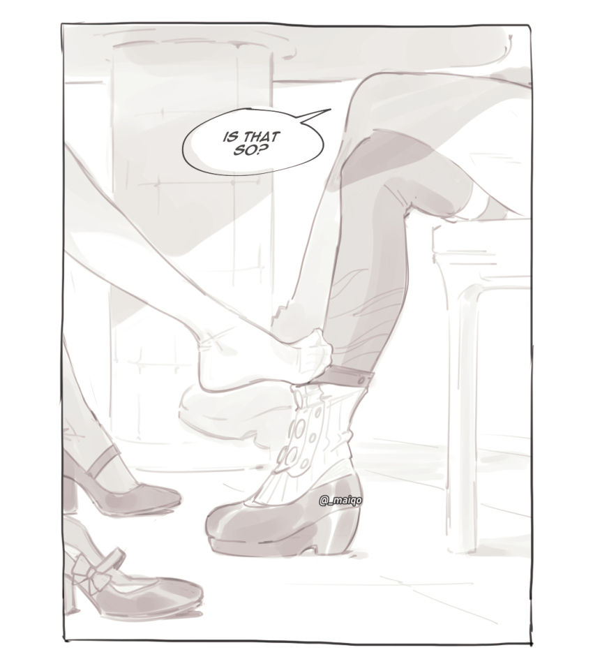 2girls asymmetrical_footwear belle_(delicate_sunlight)_(zenless_zone_zero) belle_(zenless_zone_zero) chair close-up crossed_legs feet foot_focus footwear_focus high_heels highres leg_focus lower_body maiqo multiple_girls sitting table toes under_table uneven_footwear yixuan_(zenless_zone_zero) yuri zenless_zone_zero