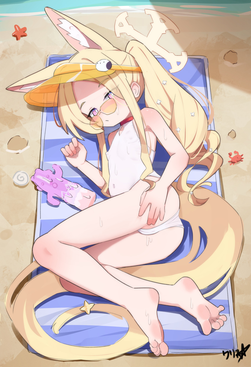 1girl absurdres animal_ear_fluff animal_ears barefoot beach blonde_hair blue_archive boppin commission feet fox_ears halo highres loli long_hair lying official_alternate_costume on_side one-piece_swimsuit seia_(blue_archive) seia_(swimsuit)_(blue_archive) soles solo sunglasses swimsuit toes visor_cap white_one-piece_swimsuit