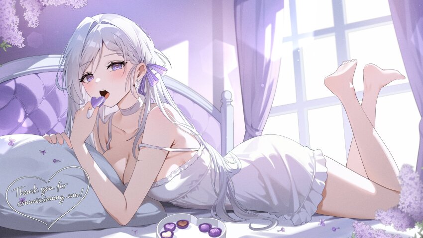 1girl absurdres bare_arms bare_legs bare_shoulders barefoot bed braid breasts choker cleavage collarbone commentary dress frilled_dress frills hair_ribbon heart highres holding holding_heart iyusei_02 legs_up long_hair looking_at_viewer lying medium_breasts on_bed on_stomach open_mouth original pillow purple_eyes ribbon sleeveless sleeveless_dress solo spaghetti_strap strap_slip symbol-only_commentary thighs white_choker white_dress white_hair window