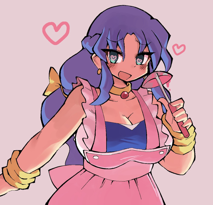 1girl apron blue_eyes blue_hair blue_tube_top blush breasts cleavage collarbone commentary curtained_hair earrings frilled_apron frills gold_collar heart heart_in_eye holding holding_ladle jewelry kurokogeee ladle large_breasts long_hair looking_at_viewer official_alternate_costume open_mouth pink_apron pink_background puyopuyo puyopuyo_quest rulue_(melty_kitchen) rulue_(puyopuyo) sidelighting simple_background smile solo strapless symbol_in_eye tube_top upper_body wrist_cuffs yellow_wrist_cuffs
