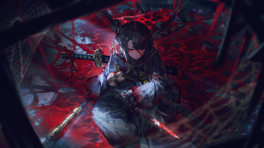 1girl black_hair blood blood_on_clothes blood_on_face bloody_weapon blue_ribbon blue_robe game_cg gourd hand_wraps highres hongyuan_(identity)_(project_moon) limbus_company medium_hair nai_ga neck_ribbon official_art ootachi polearm pool_of_blood project_moon red_eyes ribbon robe ryoshu_(project_moon) short_sword silk solo spear spider_web sword umbrella weapon