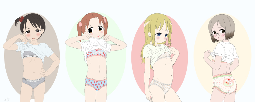 4girls absurdres ana_coppola black_hair blonde_hair bloomers blush bra brown_hair calvin_klein clothes_lift commentary cowboy_shot embarrassed english_commentary flatculture from_behind glasses grey_hair hair_ornament highres ichigo_mashimaro itou_chika lace lifting_own_clothes loli looking_at_viewer matsuoka_miu multiple_girls panties sakuragi_matsuri shirt shirt_lift simple_background standing tongue tongue_out training_bra underwear white_shirt